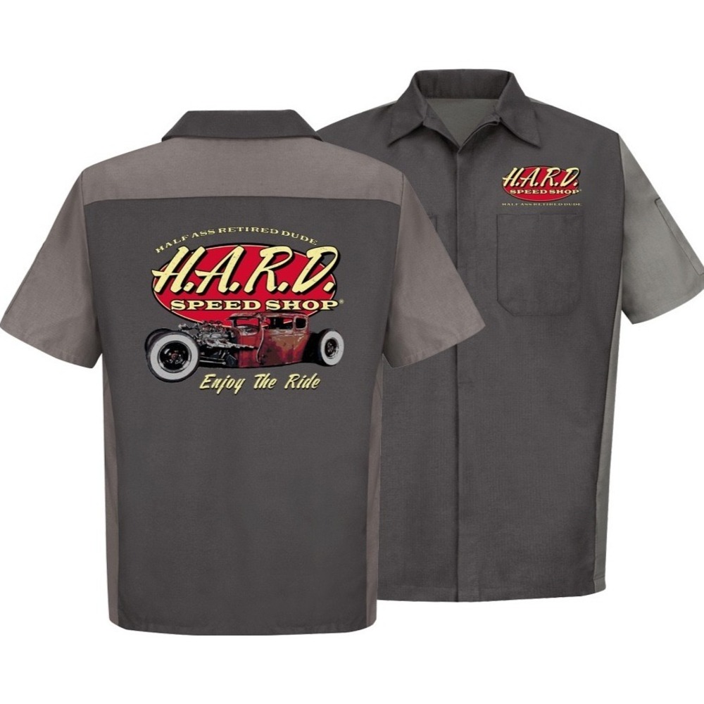 Men's Large H.A.R.D. Red Kap Shirt Hot Rod Half A**Retired Dude Mechanic Classic